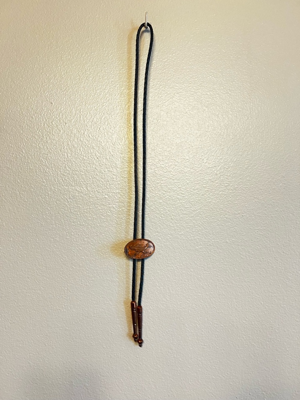 Southwestern Solid Copper Roadrunner Bolo Tie With Black Leather Cord